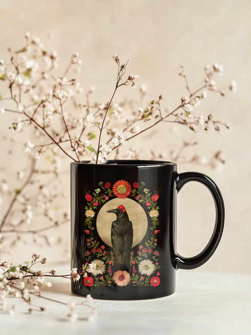 A black ceramic mug featuring a gothic design of a raven against a golden full moon, framed by a floral wreath of coral-colored daisies, white chrysanthemums, and delicate botanical elements. The design includes rich green foliage and small red buds arranged in a symmetrical pattern. The mug has a classic C-shaped handle with a glossy finish.
